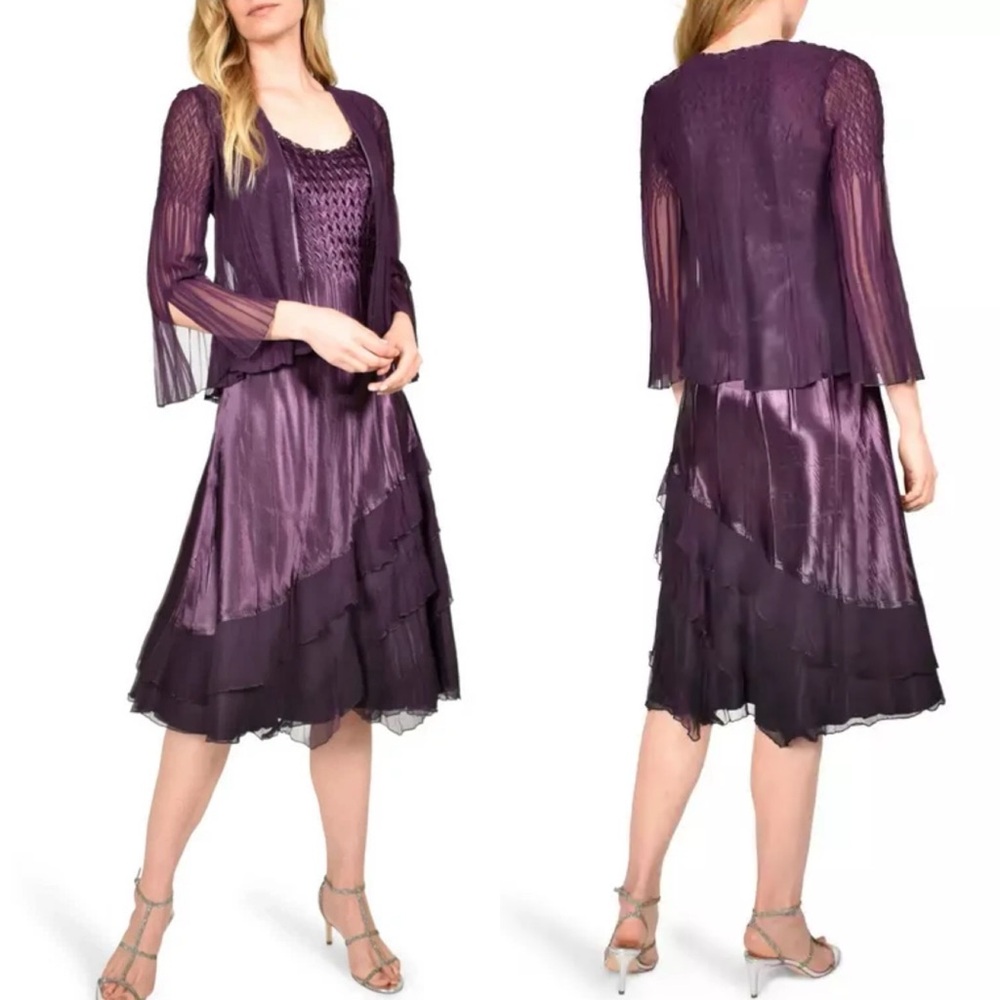 Komarov Ombré Tiered Hem Cocktail Dress & Chiffon Jacket Purple Womens XL NEW
